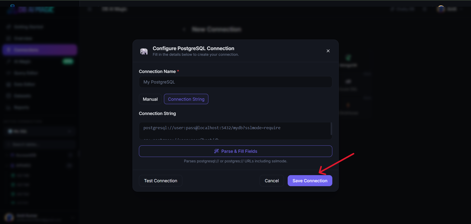 Adding a new connection — engine picker on the left, form on the right.